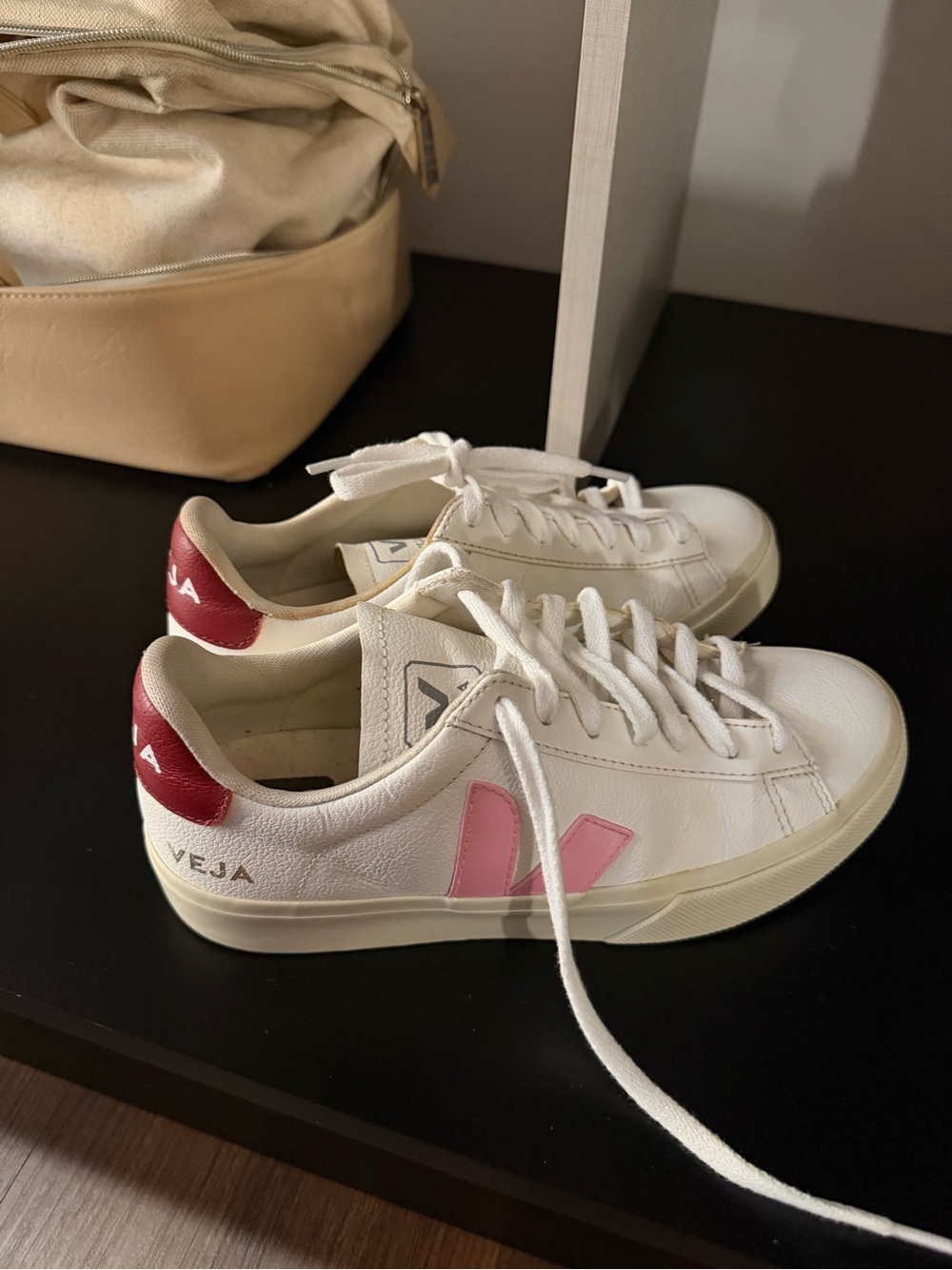 Veja White Leather Sneakers with Pink V and Burgundy Heel - Picture 2 of 7